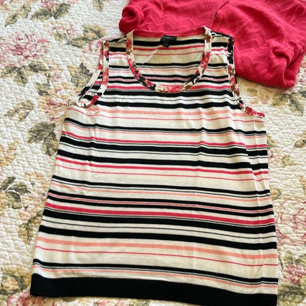 Scoop neck Striped Sleeveless Pink, Coral and Black Cotton Sweater from Talbots
